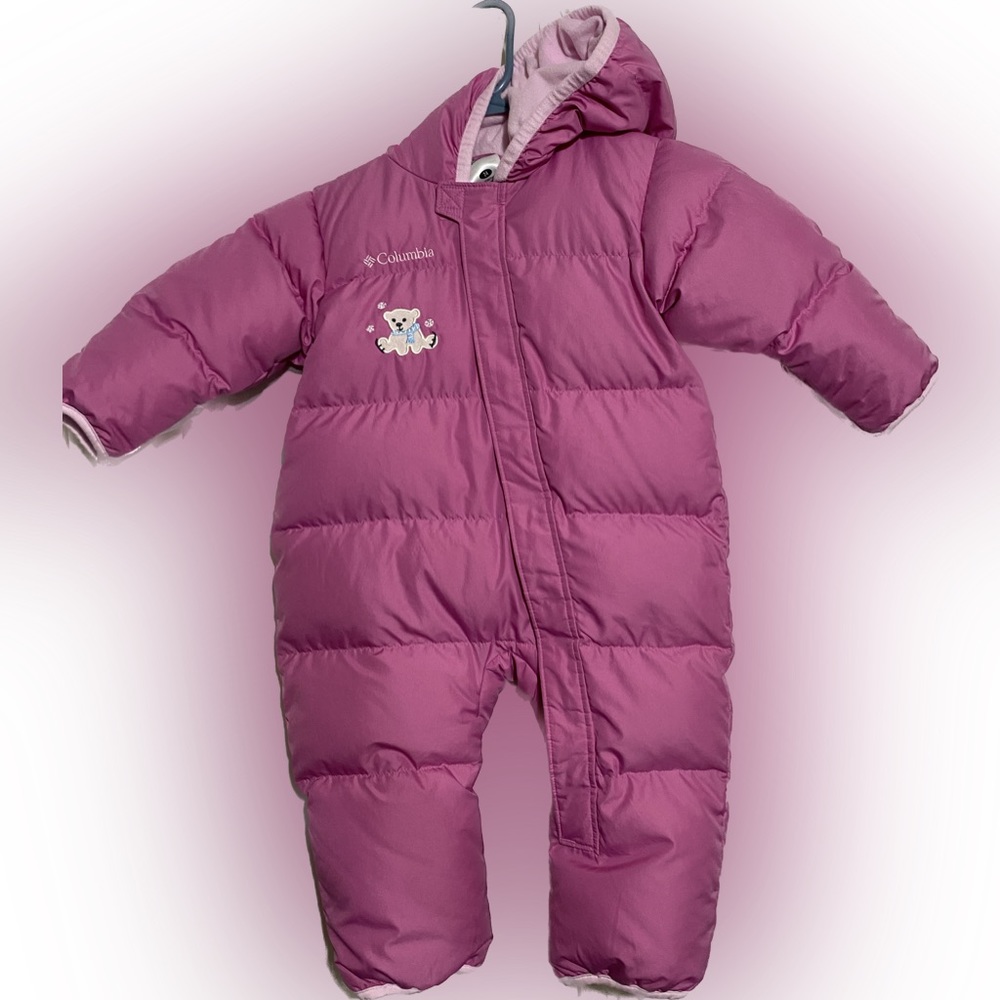 Columbia Pink Girls Down Snowsuit size 18-24 month.  In good used condition